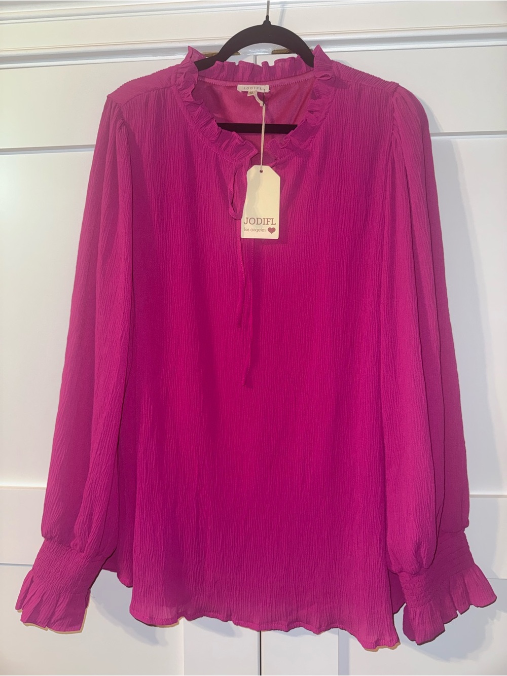 JODIFL Women's Fuchsia Ruffle-Neck Long-Sleeve, smocked sleeve Blouse
